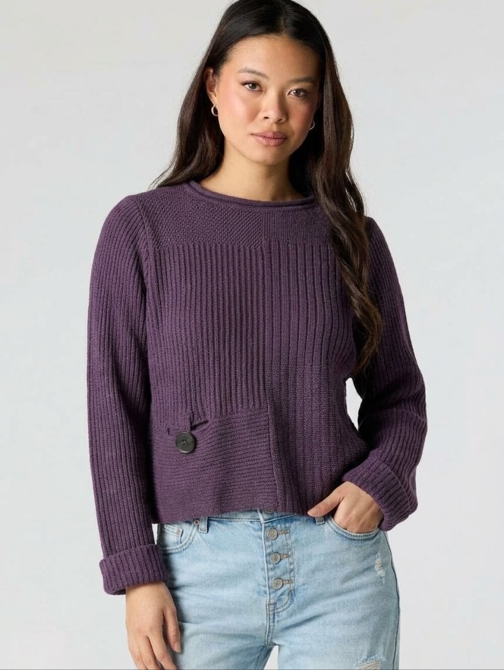 Habitat Deep Purple Relaxed Women Pullover Ribbed Knit Minimalist Sweater L